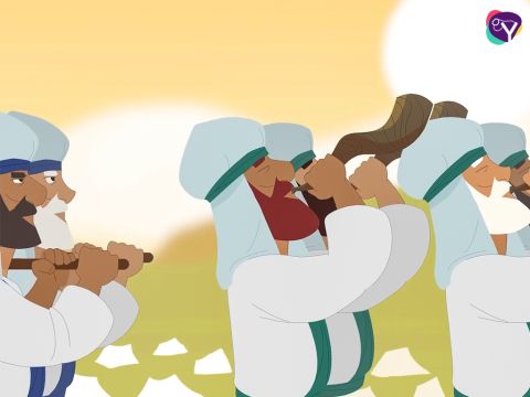 “Toma el Arca de la Alianza y haz que siete sacerdotes marchen delante de ella con trompetas en sus manos”. – Número de diapositiva 5