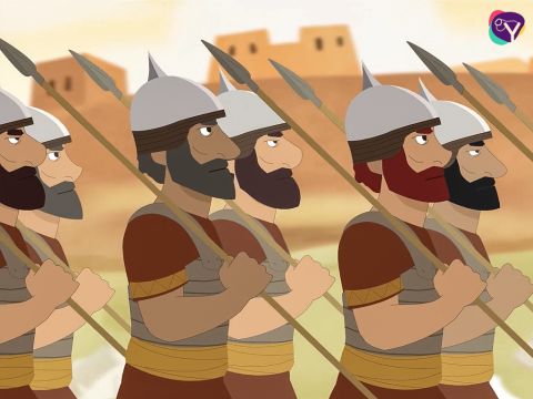 A la orden de Josué, los sacerdotes tomaron las trompetas y se dispusieron a rodear la ciudad de Jericó. El ejército los siguió. – Número de diapositiva 10