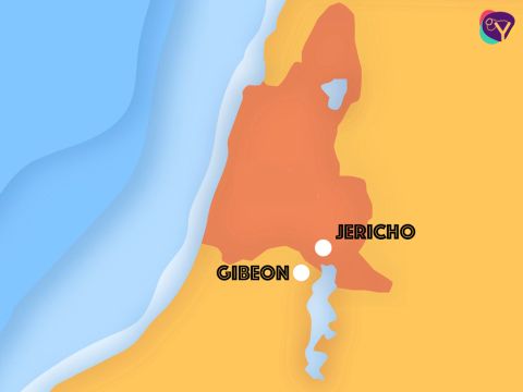 Cerca de allí estaba la ciudad de Gabaón, con muchos guerreros valientes, pero incluso ellos tenían miedo. Así que hicieron la paz con Josué. – Número de diapositiva 2