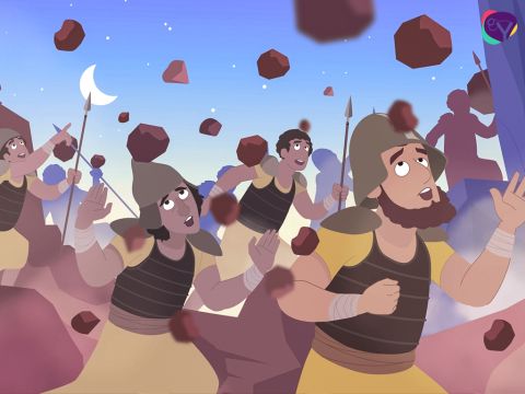 Pronto los cinco reyes se dieron cuenta de que no tenían ninguna posibilidad de victoria. Empezaron a huir de los israelitas, pero mientras huían, el Señor lanzó grandes granizos desde el cielo y mató a un gran número de sus soldados. – Número de diapositiva 8