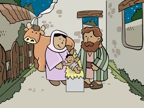 Mientras estaban allí, llegó el momento de que naciera el bebé. María envolvió al niño en pañales y lo colocó en un pesebre. – Número de diapositiva 3