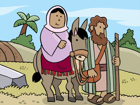 La familia de José era de Belén, un pequeño pueblo cercano a Jerusalén. Entonces José tomó a María, su prometida, y emprendieron el viaje a Belén. – Número de diapositiva 3