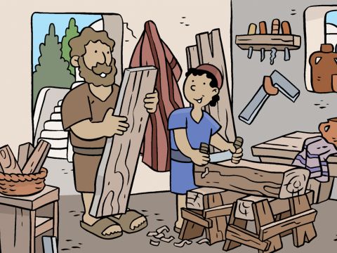 Jesús creció de niño con gran sabiduría, obedeciendo a su madre, María, y a José, quienes lo cuidaron. Nació como Hijo de Dios y José lo cuidó como un padre. Le enseñó a ser carpintero. – Número de diapositiva 1