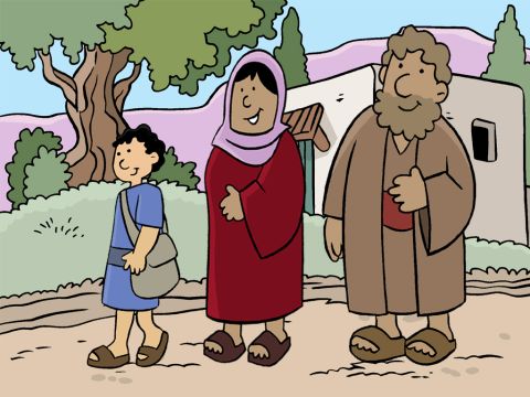 Cuando Jesús tenía 12 años, María y José lo llevaron de viaje a Jerusalén para celebrar la Pascua, como cada año. Partieron de su hogar en Nazaret con otros familiares y amigos. – Número de diapositiva 2