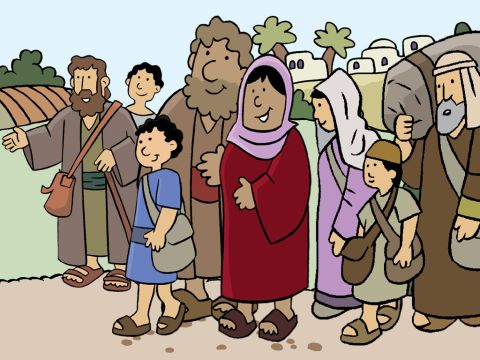 Mientras viajaban, muchas otras personas se unieron a la multitud que se dirigía a Jerusalén. Había muchos niños en el viaje y les encantaba jugar juntos. – Número de diapositiva 3