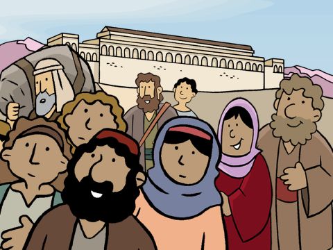 Al final de la fiesta, todos recogieron sus cosas y emprendieron el viaje de regreso a casa. María y José partieron pensando que Jesús estaba con los demás niños de su familia y amigos entre la multitud. – Número de diapositiva 7