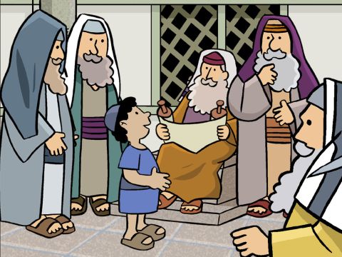 Mientras observaban a la multitud reunida alrededor de los maestros, de repente vieron a Jesús. Él los escuchaba, les hacía preguntas y les daba respuestas. Corrieron a abrazarlo. – Número de diapositiva 15