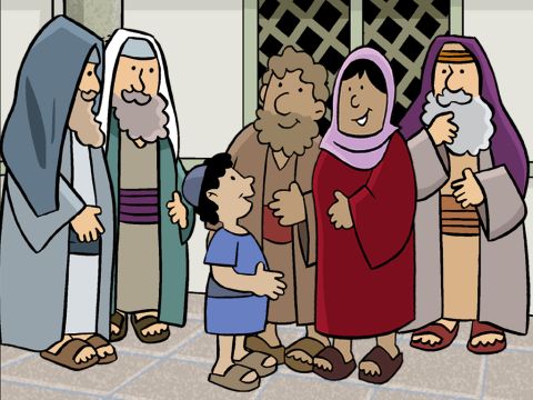 María le preguntó a Jesús: "¿Por qué nos has hecho esto? José y yo estábamos muy preocupados por ti". Jesús respondió: "A los 12 años, los niños empiezan a aprender el oficio de su padre, y eso es lo que yo hacía". – Número de diapositiva 17