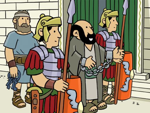 Cuando el comandante de las tropas romanas vio lo que estaba sucediendo, envió a sus soldados para arrestar a Pablo y ponerlo encadenado. Pablo intentó hablar a la multitud acerca de Jesús, pero ellos estaban tan enojados que querían matarlo. – Número de diapositiva 4
