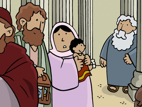 En ese momento, Simeón llegó al templo y notó que una pareja joven cargaba a un bebé. De inmediato, Simeón supo que este Bebé era el Hijo de Dios, el Salvador, que Dios había prometido enviar. – Número de diapositiva 8