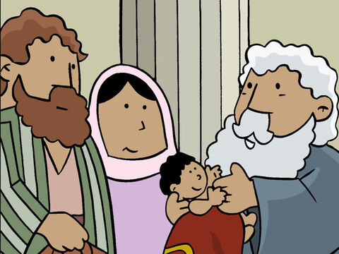 Simeón se acercó a María y José y pidió cargar al Niño para bendecirlo. – Número de diapositiva 9