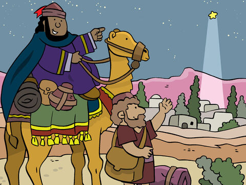Siguiendo las instrucciones de Herodes, los Reyes Magos partieron hacia Belén, con la estrella una vez más guiándolos.<br/>‘Mira, la estrella nos lleva a una casa en Belén.’ – Número de diapositiva 15
