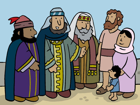 Los magos le dijeron a María y a José: <br/>‘Así fuimos llevados a ustedes y encontramos a Jesús. ¡Él es el Rey recién nacido!’<br/>Entonces explicaron: ‘Saldremos mañana por la mañana y le daremos la buena noticia al rey Herodes.’ – Número de diapositiva 16