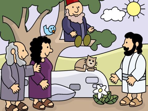 Mientras Jesús caminaba con sus discípulos, mucha gente se agolpaba para verlo. ¡Zaqueo tuvo la mejor vista de todas porque estaba en lo alto de un árbol! – Número de diapositiva 4