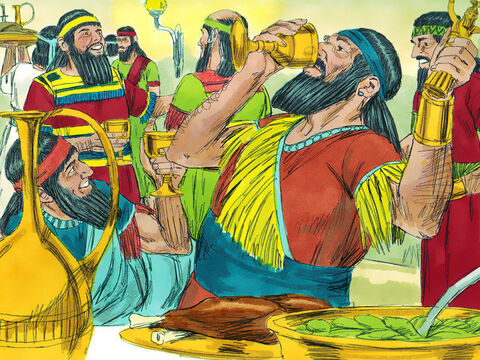 Entonces el rey y sus nobles, sus esposas y su harén bebieron vino de copas tomadas del templo de Dios. Mientras bebían de ellos, alabaron sus ídolos hechos de oro, plata, bronce, hierro, madera y piedra. – Número de diapositiva 4