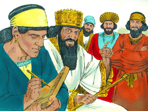 Entonces fueron a ver al rey y le dijeron: “Rey Darío, todos los que gobiernan tu imperio quieren que promulgues una ley, que durante treinta días, nadie puede orar a ningún dios, solo a Su Majestad. Cualquiera que desobedezca esta ley, que sea arrojado a un pozo lleno de leones”. El rey Darío firmó la ley, y las leyes de los medos y los persas no se podían cambiar. – Número de diapositiva 6