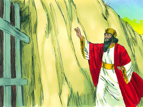 Al amanecer, el rey se levantó y se apresuró al pozo. “¡Daniel, siervo del Dios viviente!” gritó. “¿El Dios al que sirves con tanta lealtad pudo salvarte de los leones?” – Número de diapositiva 11