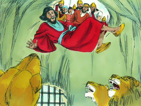 Entonces el rey ordenó a los que habían acusado a Daniel que fueran arrestados y arrojados al pozo lleno de leones. Los leones se abalanzaron sobre ellos y les rompieron todos los huesos. – Número de diapositiva 13