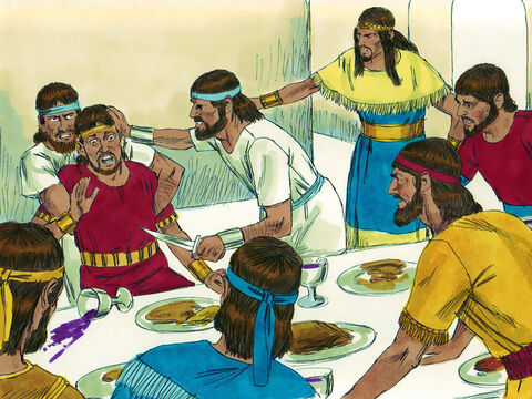 Dos años después, Absalom consiguió que sus sirvientes emborracharan a Amnón y luego lo asesinó. El rey David lamentó muchos días por su hijo. – Número de diapositiva 3
