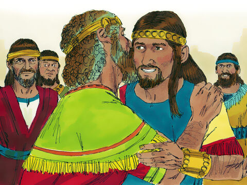 David llamó a Absalón para que regresara a Jerusalén y, aunque no lo vería de inmediato, envió a buscar a Absalón. Absalón llegó y se inclinó boca abajo ante su padre, quien lo besó. – Número de diapositiva 6