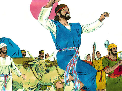 David y todos los israelitas estaban celebrando con todas sus fuerzas delante de Dios, con cánticos y con arpas, liras, panderos, címbalos y trompetas. – Número de diapositiva 8