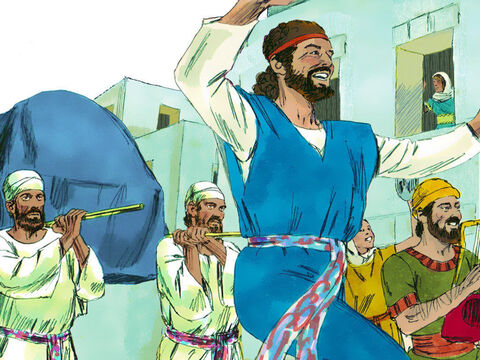 Mientras el Arca de la Alianza entraba en Jerusalén, Mical, la esposa de David, hija de Saúl, miró desde una ventana. Cuando vio al rey David bailando y celebrando, lo despreció en su corazón. – Número de diapositiva 16