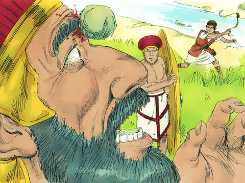 Cuando Goliat comenzó a caminar hacia David nuevamente, David corrió rápidamente hacia el filisteo. Metió la mano en su bolso y sacó una piedra, que arrojó a Goliat. Lo golpeó en la frente, rompiéndole el cráneo y Goliat cayó boca abajo al suelo. – Número de diapositiva 16