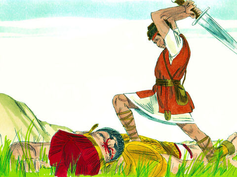 David corrió, sacó la espada de Goliat de su vaina y le cortó la cabeza. – Número de diapositiva 17