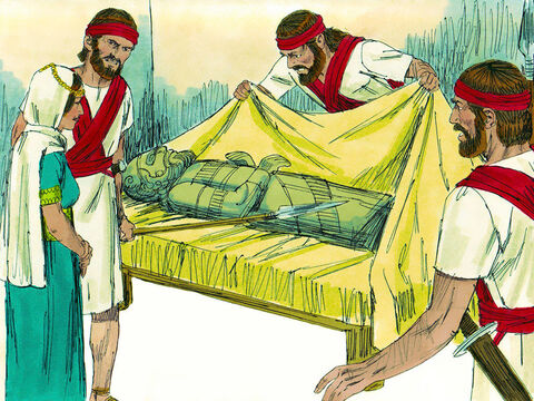 A la mañana siguiente, cuando llegaron los soldados, ella fingió que David estaba enfermo. Cuando Saúl les dijo que le llevaran a David, descubrieron que la figura en la cama era un ídolo. – Número de diapositiva 12