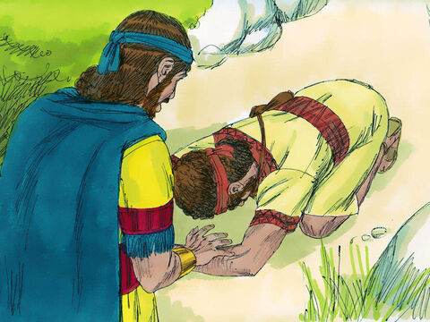 Una vez que el niño se fue, David se levantó de su escondite y se inclinó ante Jonatán tres veces, con el rostro a tierra. – Número de diapositiva 22