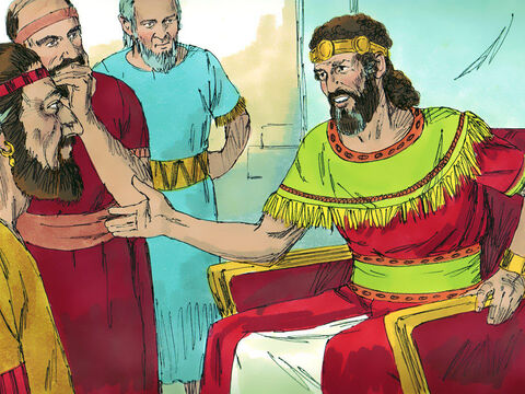 David preguntó a sus consejeros: "¿Hay alguien de la familia de Saúl a quien pueda mostrar bondad por amor a Jonatán?" Y llamaron a un siervo de Saúl, llamado Siba. – Número de diapositiva 2