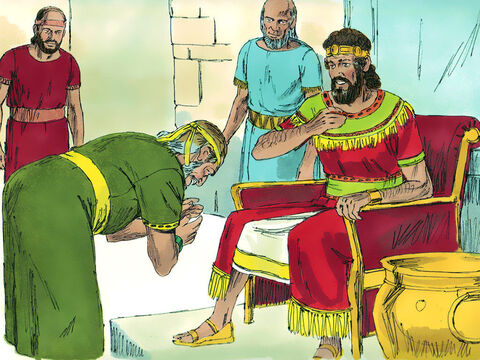 El rey preguntó a Siba: "¿Hay alguien vivo de la familia de Saúl a quien pueda mostrar la bondad de Dios?" Siba respondió: “Ahí está Mefi-boset, el hijo de Jonatán, cojo de ambos pies”. – Número de diapositiva 3