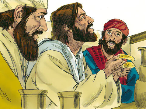 Mientras comían juntos, el extraño tomó el pan, lo partió y se lo dio. Inmediatamente Dios permitió que los dos discípulos vieran quién era el extraño. ¡Era Jesús! – Número de diapositiva 11