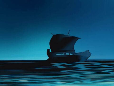 Esa noche, los discípulos estaban en su barca en medio del lago. Jesús estaba solo en tierra. – Número de diapositiva 2