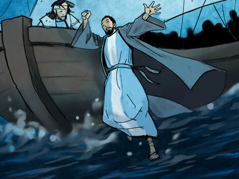 Entonces Pedro saltó por la borda de la barca y caminó sobre el agua hacia Jesús. – Número de diapositiva 8
