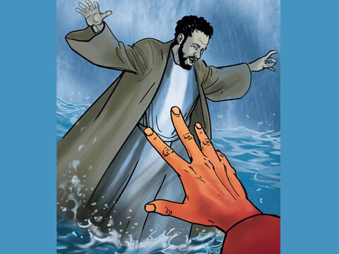 Pero cuando Pedro vio el fuerte viento y las olas, tuvo miedo y comenzó a hundirse. “¡Sálvame, Señor!”, gritó. – Número de diapositiva 9