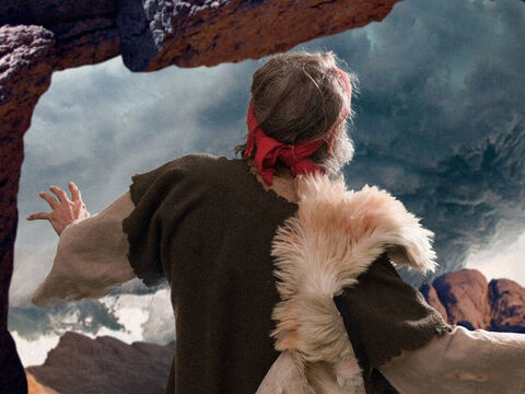 Elías salió de la cueva y se quedó esperando a que pasara el Señor. De repente, un gran y poderoso viento atravesó la montaña, destrozando las peñas. Pero Dios no estaba en ese poderoso viento. – Número de diapositiva 17