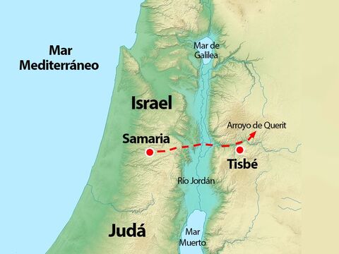 Diapositiva opcional: Este mapa muestra la ciudad natal de Elías, Tisbé, Samaria, donde el rey Acab tenía su palacio, y la ubicación más probable del arroyo Querit, que corría por un barranco desolado. – Número de diapositiva 4