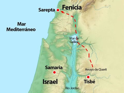 Mapa opcional. Este mapa muestra la ubicación de Sarepta en Fenicia, un país al norte de Israel y una ruta que Elías pudo haber tomado para evitar ser visto por quienes lo buscaban. – Número de diapositiva 15