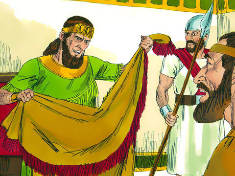 El rey de Israel leyó la carta: "Te envío a mi siervo Naamán para que lo cures de su lepra". El rey rasgó sus vestiduras y dijo: “¿Soy yo Dios? ¿Puedo matar y devolver la vida a la gente? ¿Por qué me envía este hombre a alguien para que lo cure de su lepra? ¡Debe estar intentando entablar una pelea conmigo!” – Número de diapositiva 5