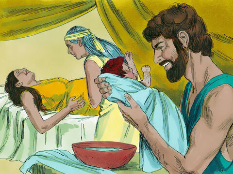 Cuando llegó el momento de dar a luz, tuvo gemelos. El primero en salir era rojo y tenía todo el cuerpo velludo, así que lo llamaron Esaú. – Número de diapositiva 4