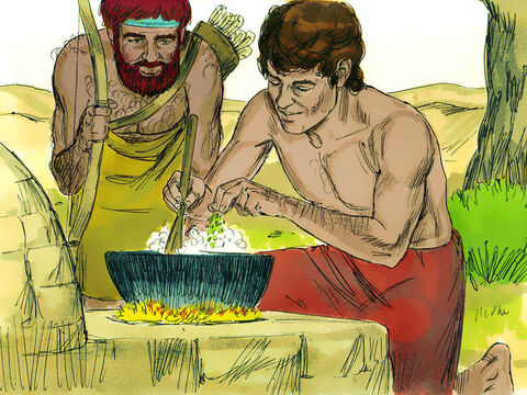 Esaú llegó hambriento y agotado de su viaje de caza. ¡Rápido, déjame comer un poco de ese estofado rojo! ¡Muero de hambre!' le pidió a Jacob. – Número de diapositiva 10