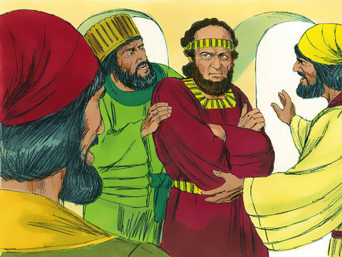 “¿Por qué infringes el mandamiento del rey y no te inclinas y honras a Amán?”, preguntaban los siervos. Ellos sabían que Mardoqueo era judío. Seguían preguntándole, pero Mardoqueo no los escuchaba. – Número de diapositiva 15