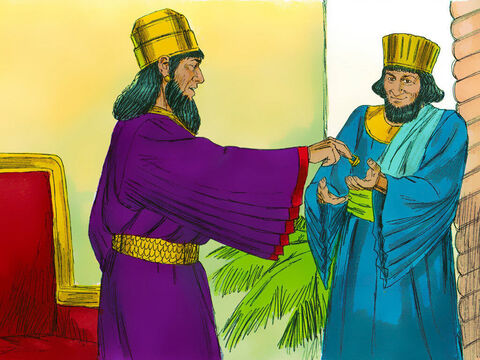El rey tomó su anillo de sellar y se lo dio a Amán. “Quédate con el dinero y haz a este pueblo lo que pienses que es mejor”. – Número de diapositiva 20