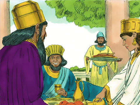 Entonces, el Rey y Hamán fueron al banquete que Ester había preparado. <br/>–¿Qué es lo que deseas? –preguntó el rey. – Número de diapositiva 10