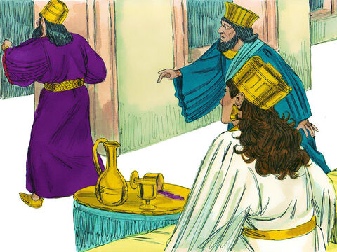 "Un enemigo", respondió Ester, "este vil Amán". Amán parecía aterrorizado. El rey se levantó enfurecido y salió al jardín del palacio. – Número de diapositiva 3