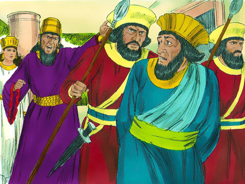 —Empale a Amán en él —ordenó el rey. Amán fue llevado para ser ejecutado. Luego, la furia del rey se apaciguó. – Número de diapositiva 5