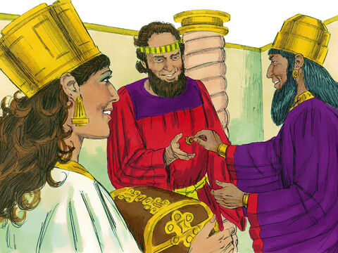 Capítulo 8: Ese día el Rey le dio la propiedad a Ester Amán. Ester le dijo al rey que era pariente de Mardoqueo. El rey le dio a Mardoqueo el anillo de sello de Amán y Ester lo nombró para que cuidara de las riquezas y posesiones de Amán. – Número de diapositiva 6