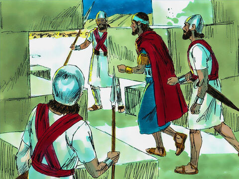 Finalmente los babilonios rompieron una sección de los muros de la ciudad. Esa noche, el rey Sedequías y muchos de sus soldados escaparon fuera de la ciudad y se deslizaron a través de las líneas enemigas en la oscuridad. – Número de diapositiva 8
