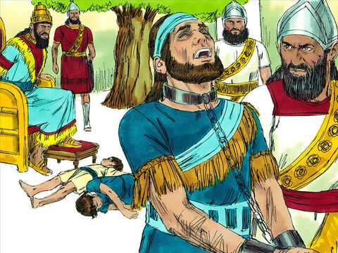 Los crueles babilonios mataron a los hijos de Sedequías ante sus ojos. Luego le sacaron los ojos y lo llevaron a Babilonia en cadenas como prisionero. – Número de diapositiva 10
